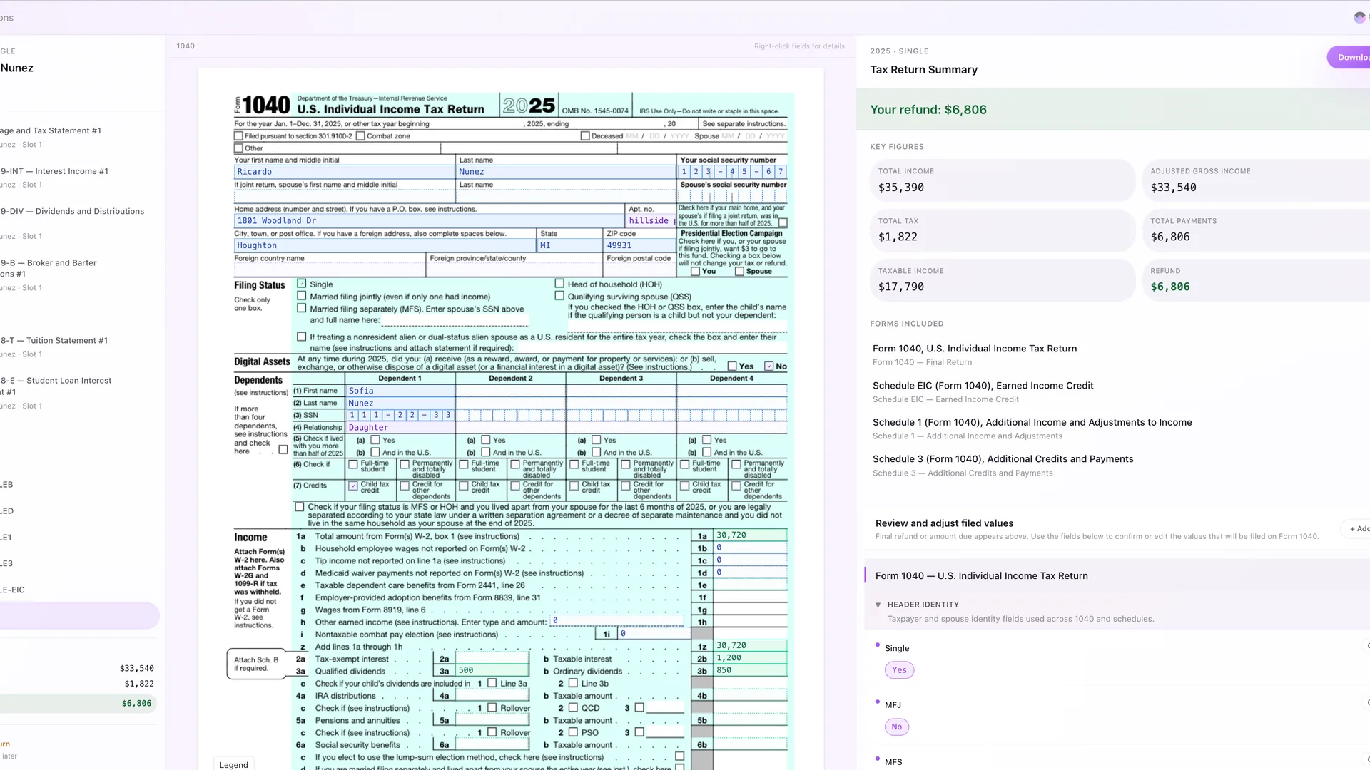 The Lanatax prep workspace: Form 1040 with every computed value drawn on the page, beside the live return summary and refund.